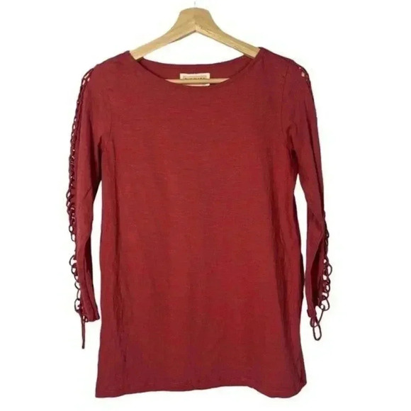 Anthropologie Brick Red Open Lattice Crochet Long Sleeve Top S - Picture 1 of 3
